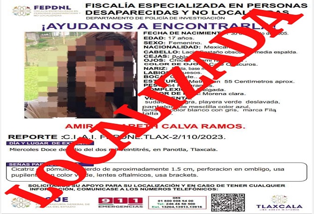 Ubica PGJE a menor de edad reportada  como no localizada en Panotla